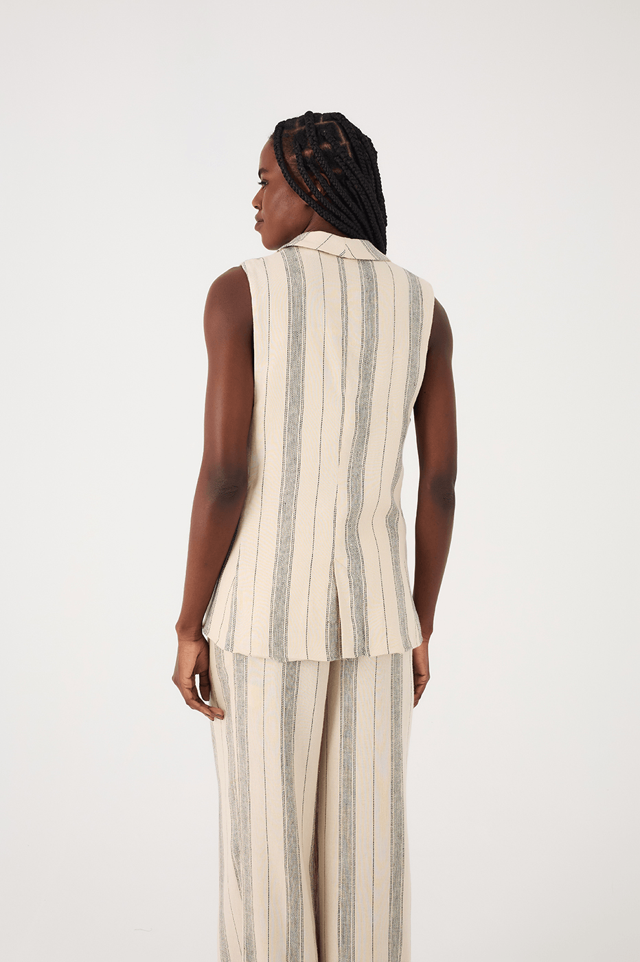 Sand Stripes Buttoned Notched Lapel Sleeveless Linen Vest