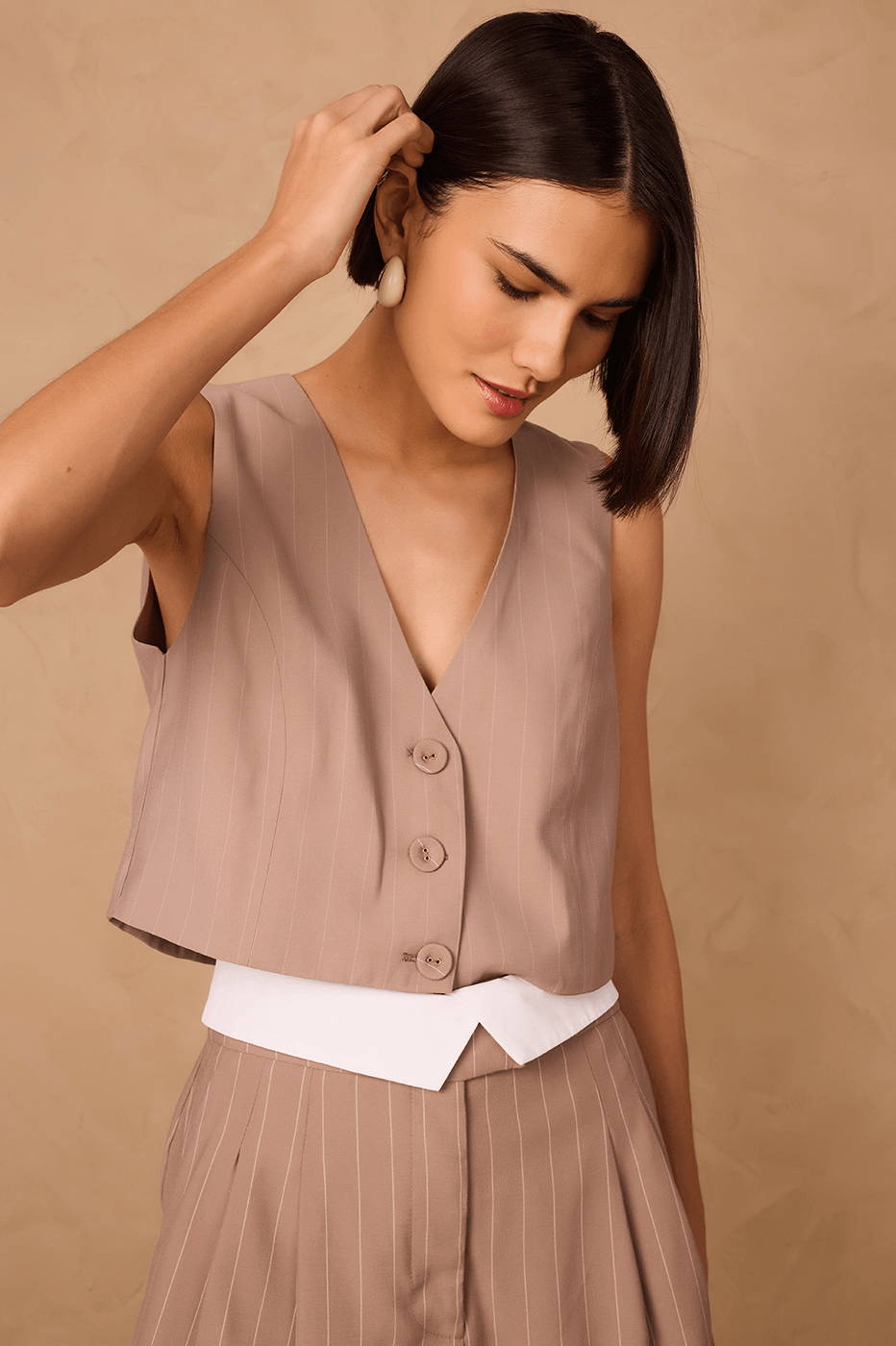 Grey Mirante Pinstripe Buttoned V Neck Sleeveless Crop Vest
