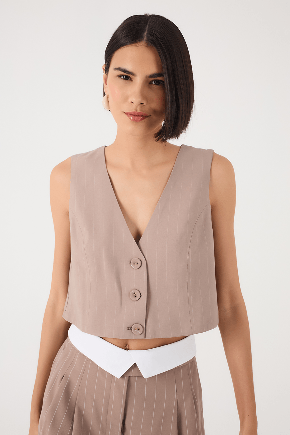 Grey Mirante Pinstripe Buttoned V Neck Sleeveless Crop Vest