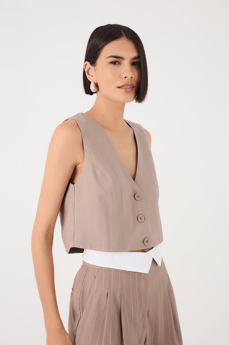 Grey Mirante Pinstripe Buttoned V Neck Sleeveless Crop Vest