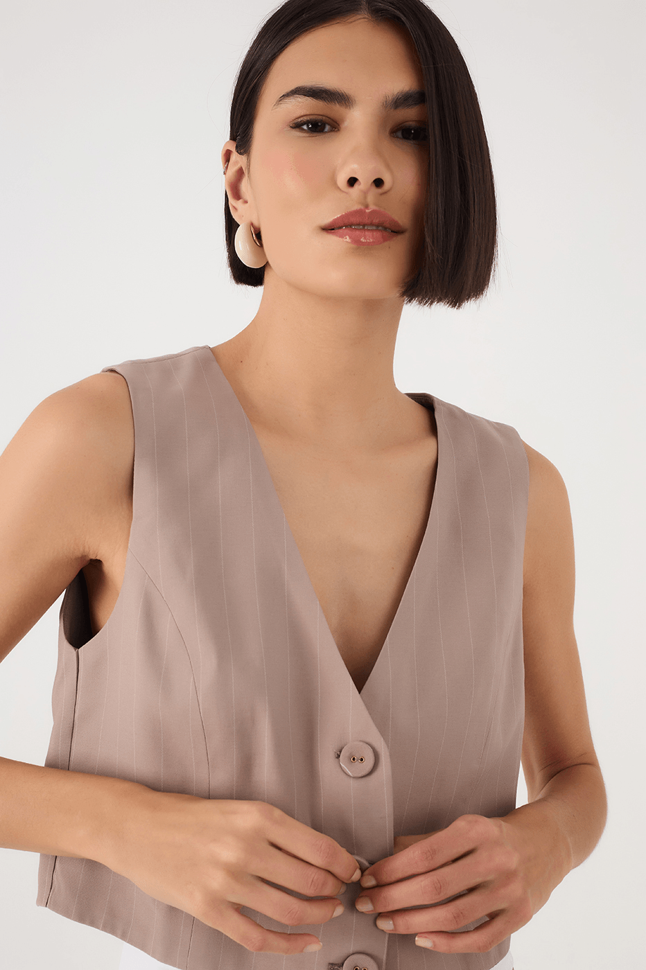 Grey Mirante Pinstripe Buttoned V Neck Sleeveless Crop Vest