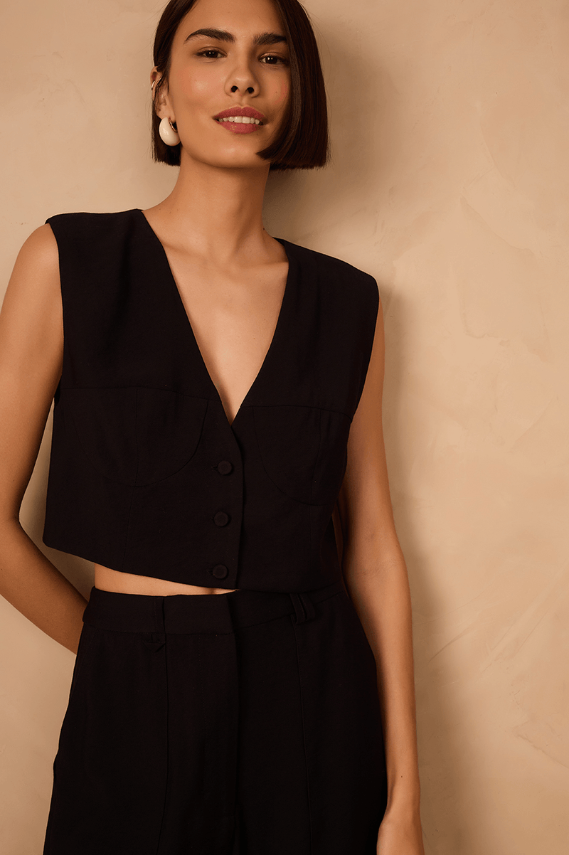 Black V Neck Buttoned Sleeveless Vest_1