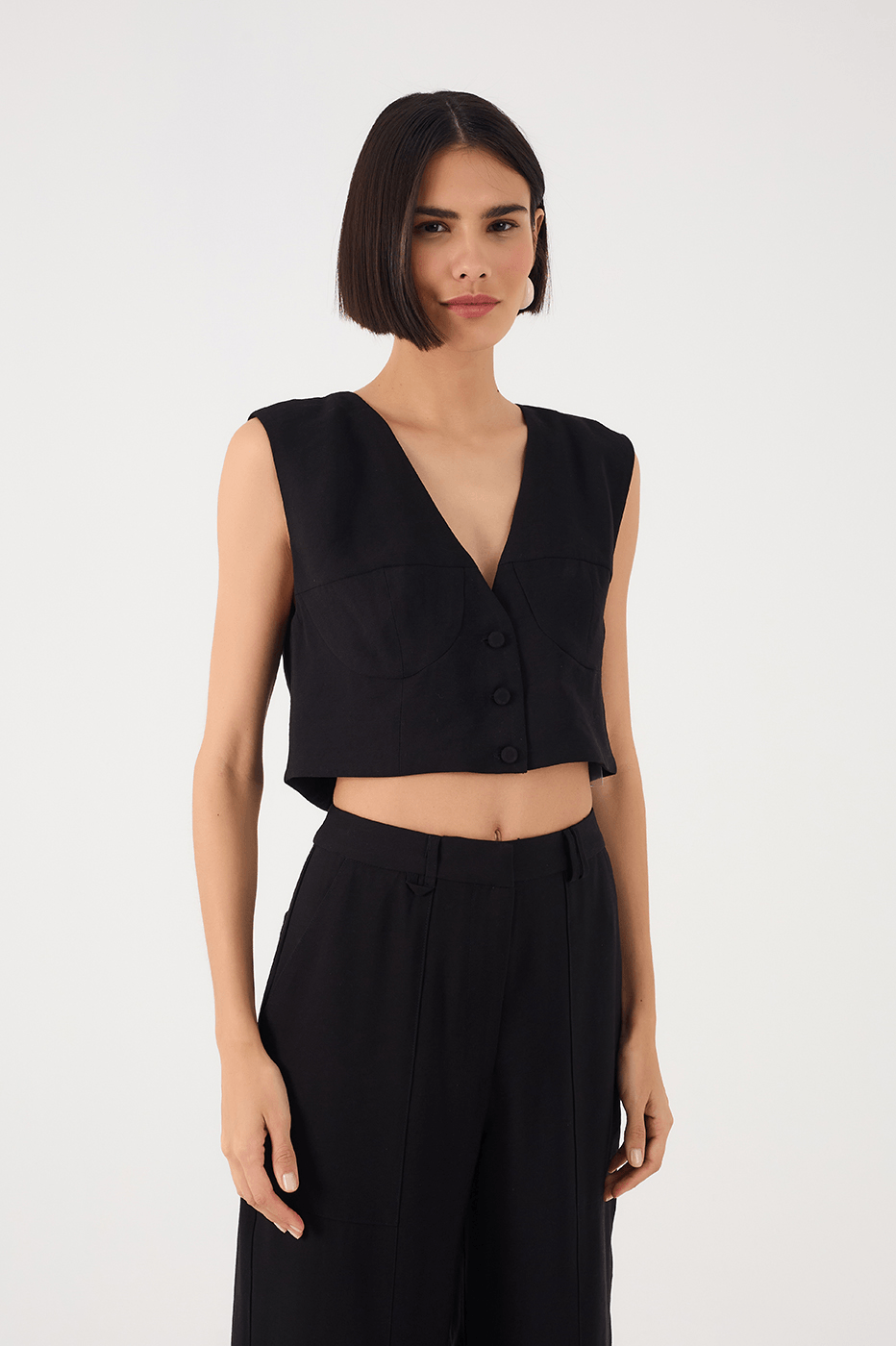 Black V Neck Buttoned Sleeveless Vest