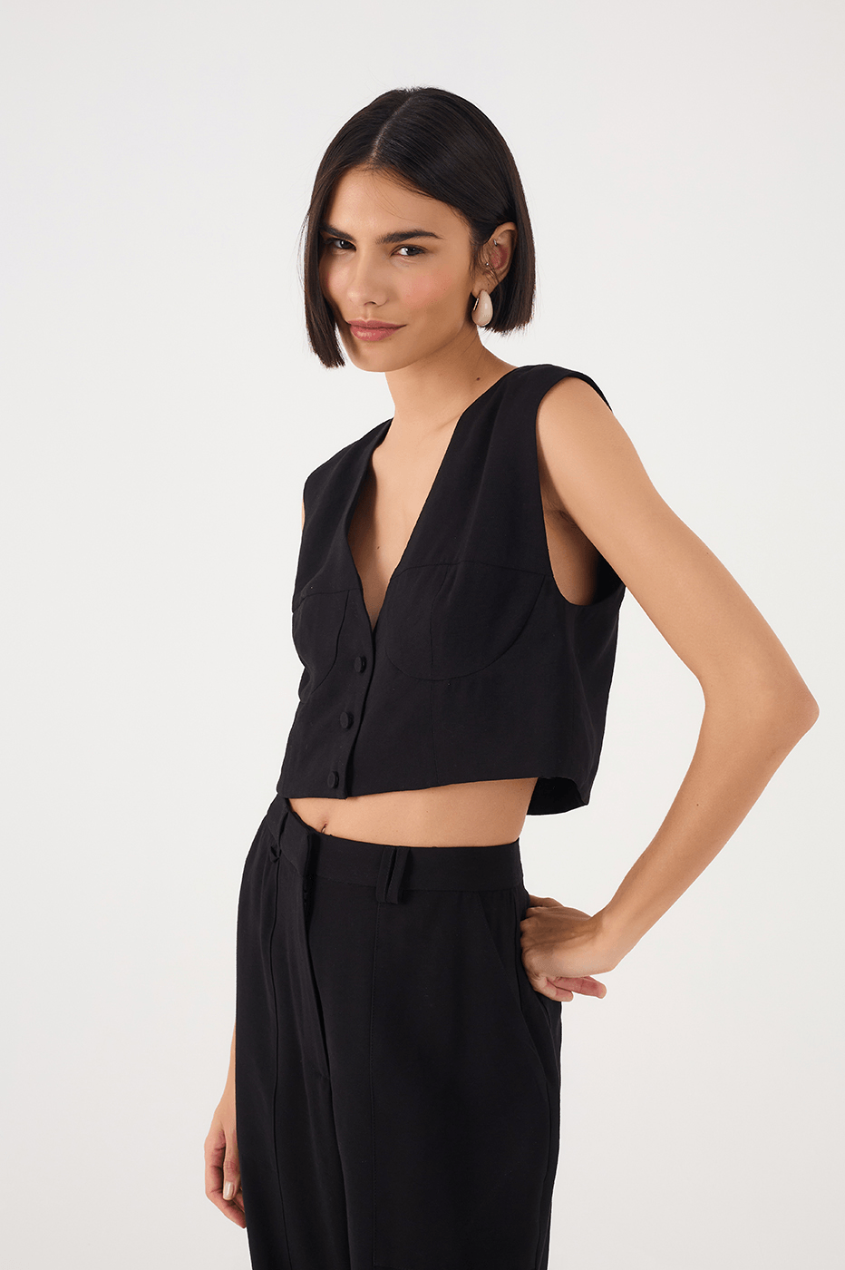 Black V Neck Buttoned Sleeveless Vest