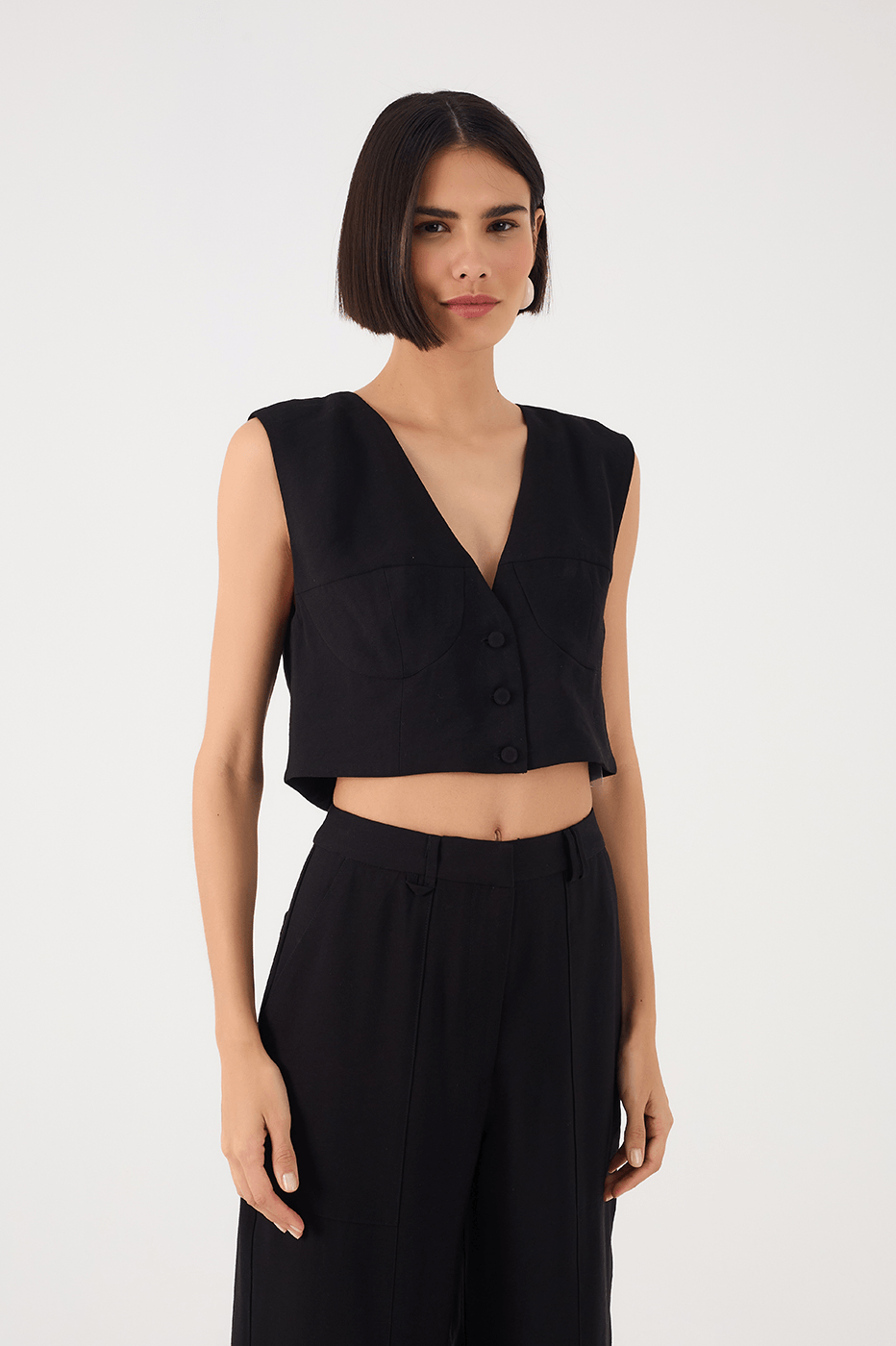 Black V Neck Buttoned Sleeveless Vest