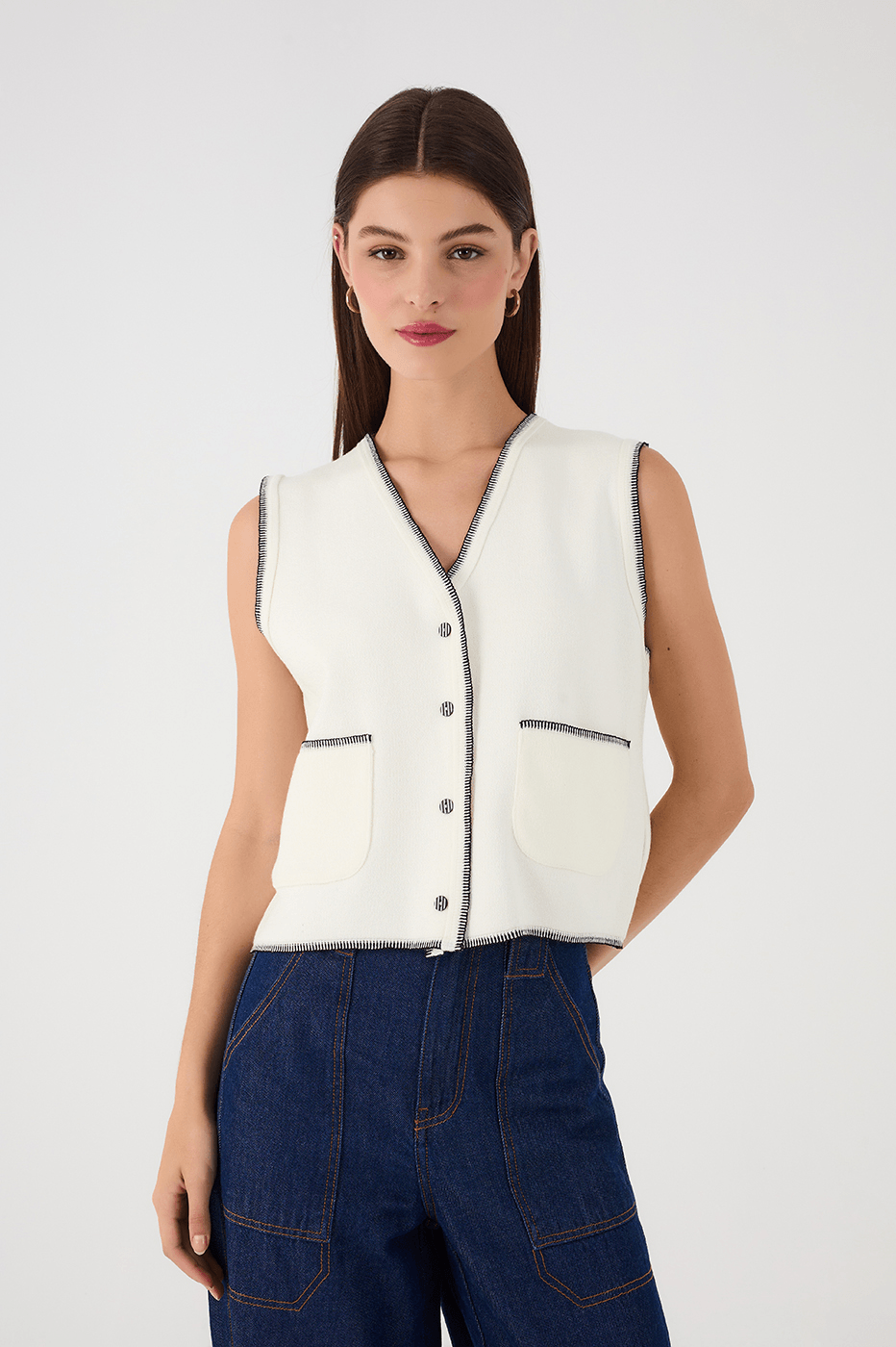 white shirt dress with knitted vest Hyacinth House Ivory Connie Knit Vest Ivory Knit / L