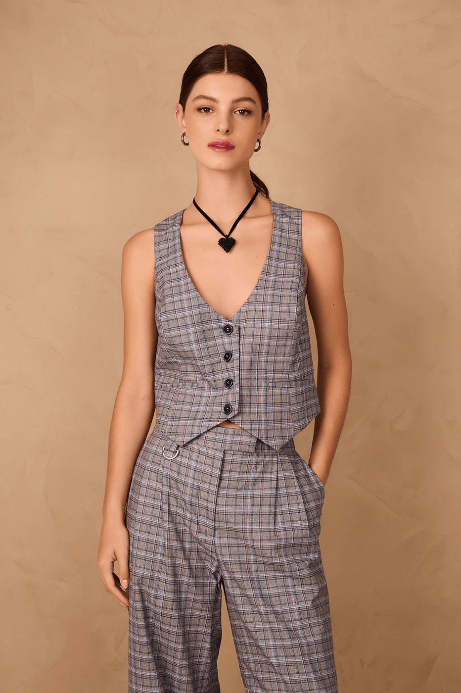 Grey Plaid Buttoned Sleeveless Tailored Vest