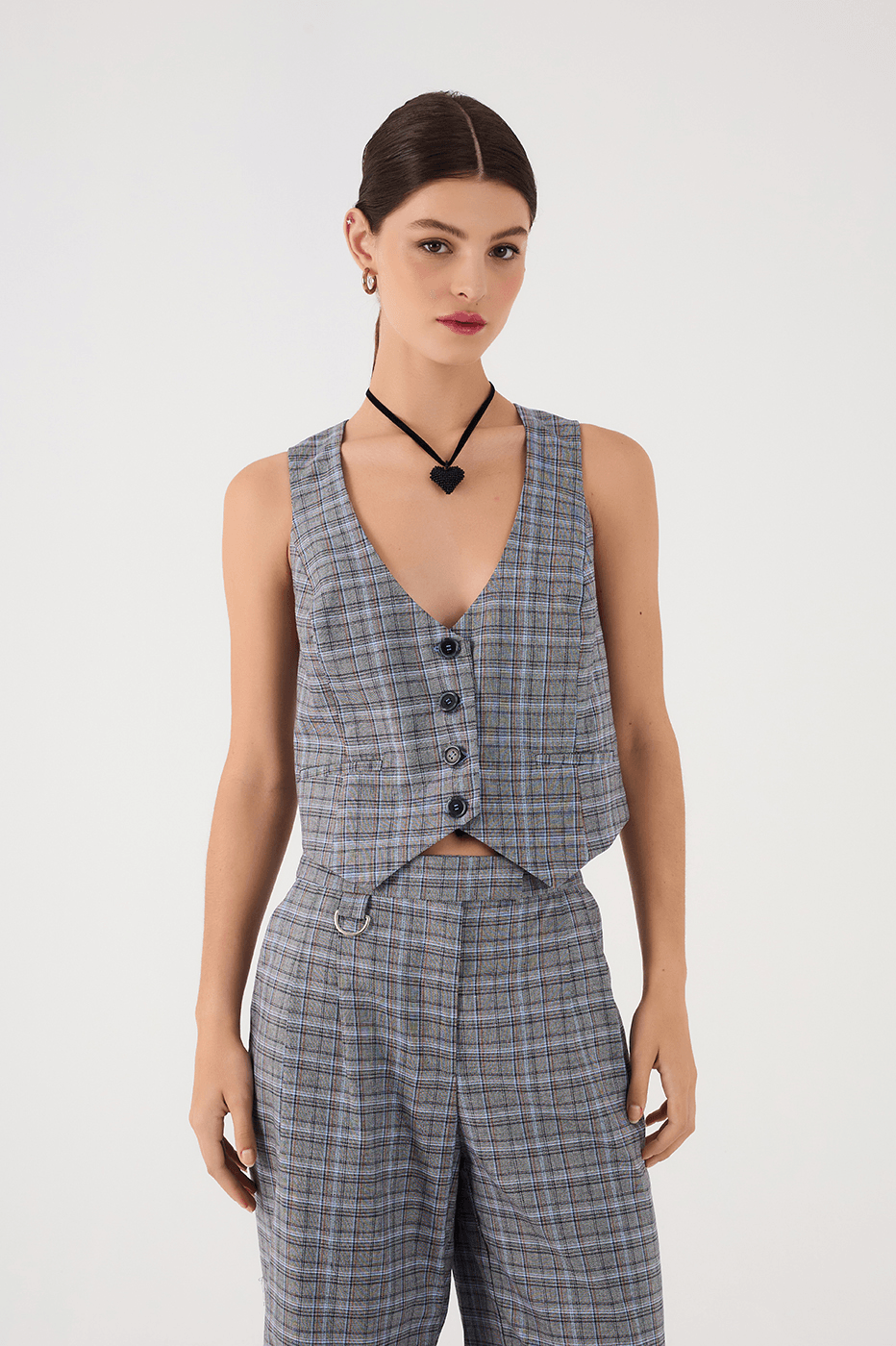 Grey Plaid Buttoned Sleeveless Tailored Vest