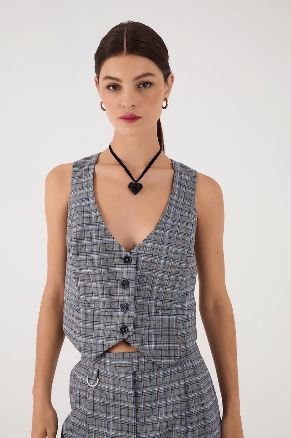 Grey Plaid Buttoned Sleeveless Tailored Vest