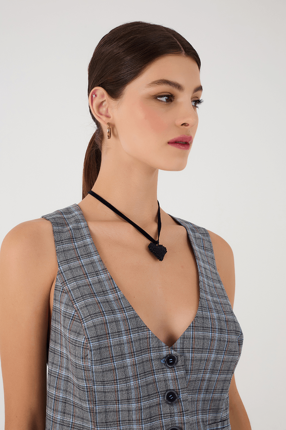 Grey Plaid Buttoned Sleeveless Tailored Vest