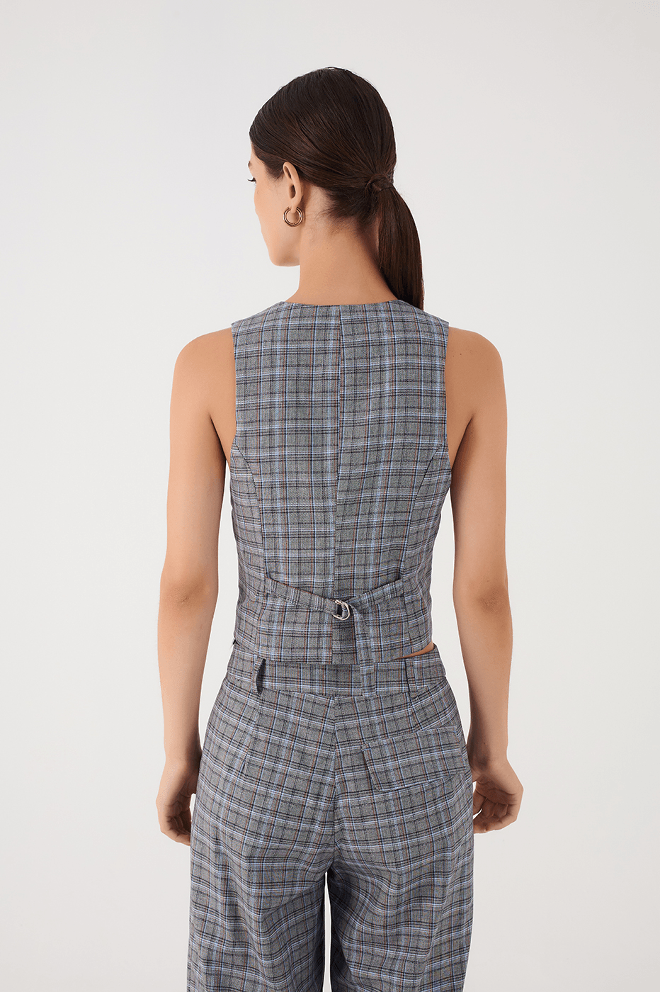 Grey Plaid Buttoned Sleeveless Tailored Vest