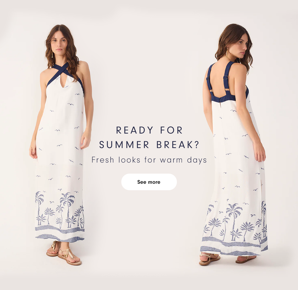 Ready for Summer Break – model wearing white and navy print maxi dress, front and back view, secondary home banner mobile version