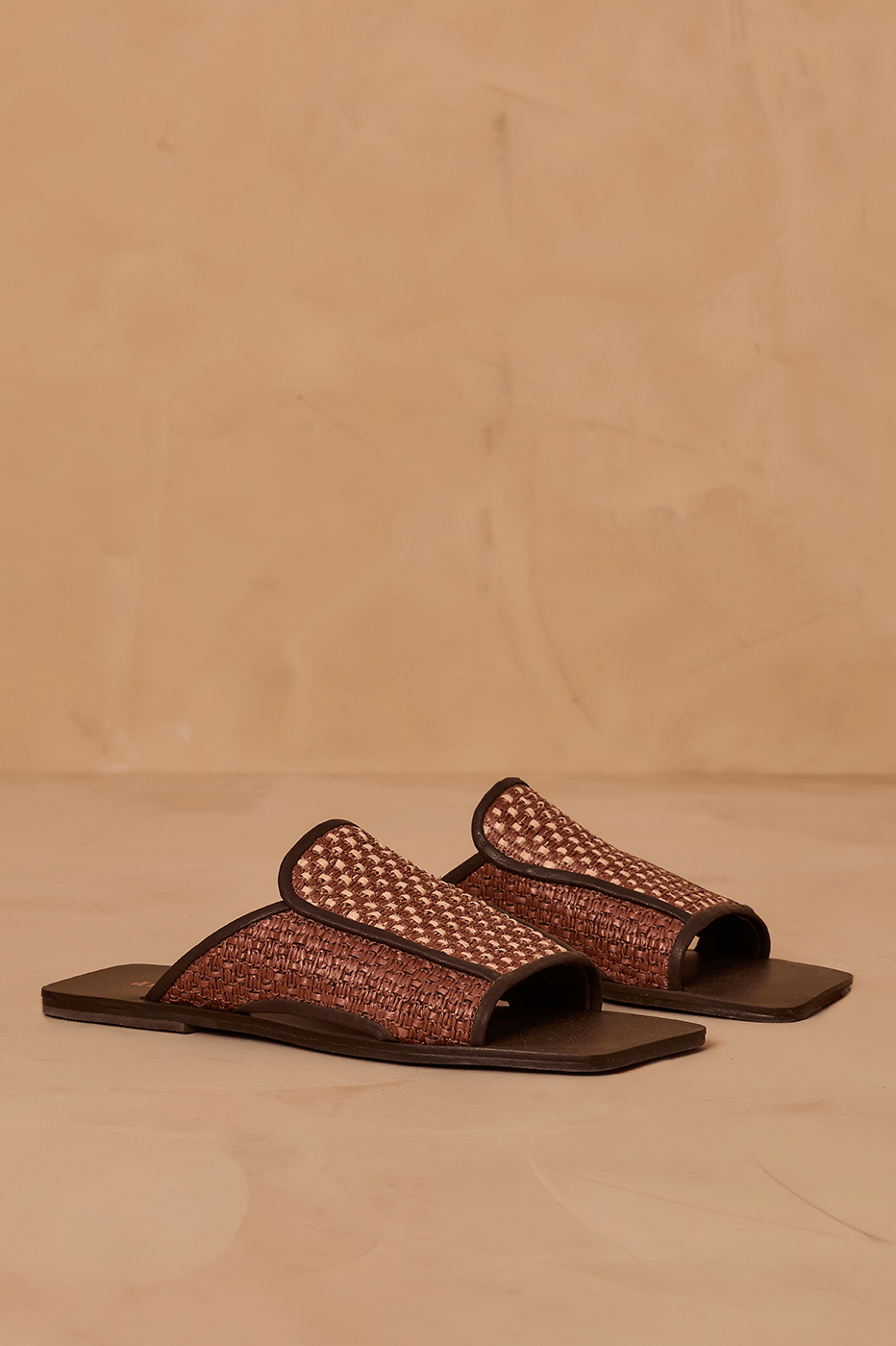 Brown And Off-White Raffia Open Toe Flat Sandal