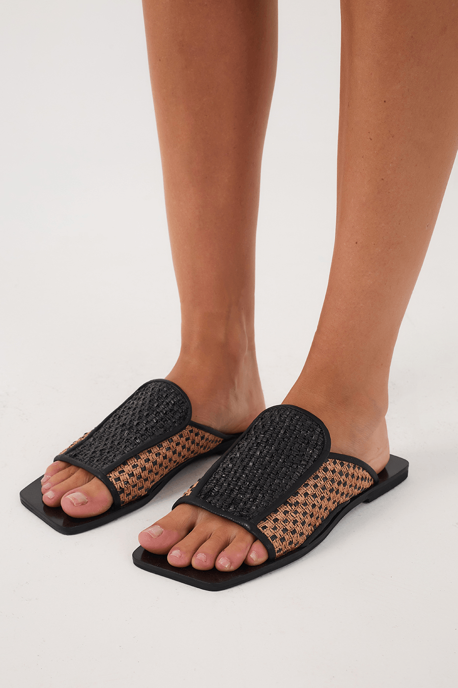 Brown And Off-White Raffia Open Toe Flat Sandal