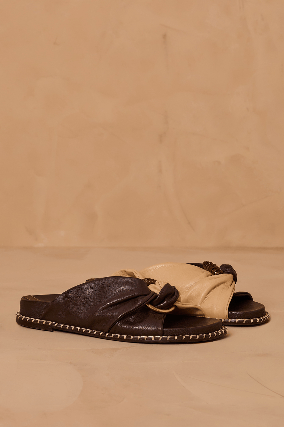 Brown And Off-White Ruched Leather Buckle Flat Sandal