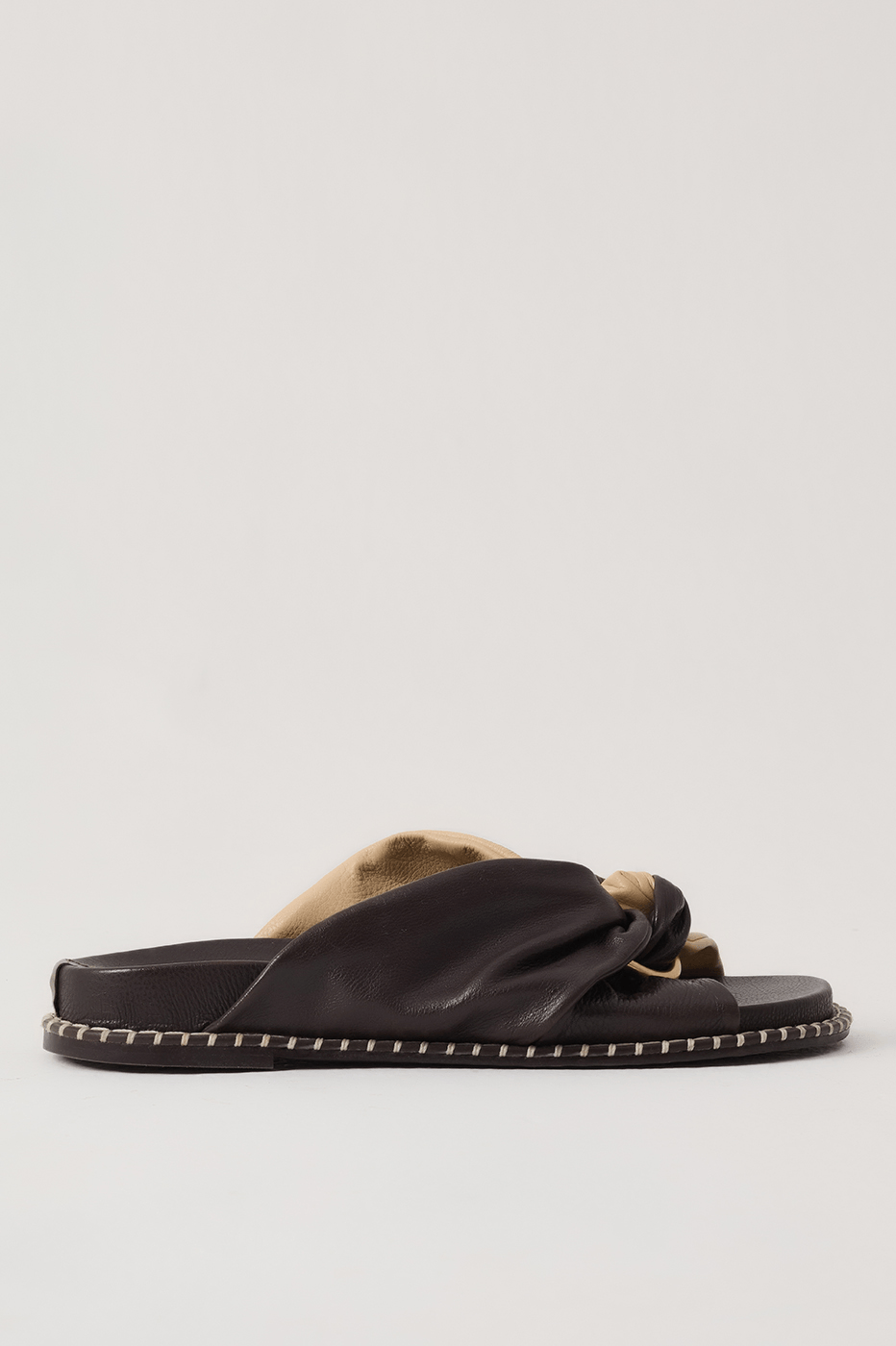 Brown And Off-White Ruched Leather Buckle Flat Sandal