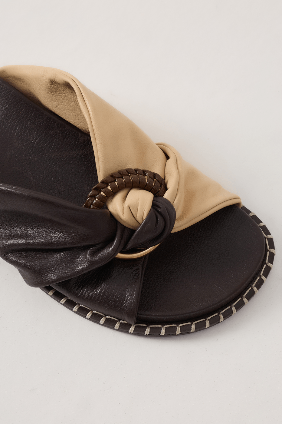 Brown And Off-White Ruched Leather Buckle Flat Sandal