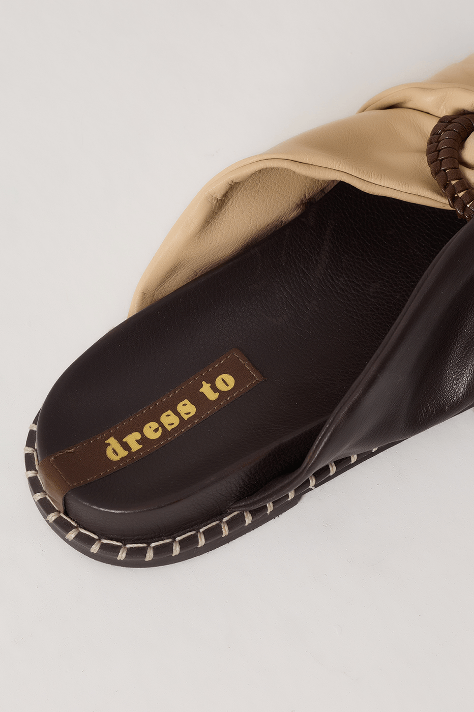 Brown And Off-White Ruched Leather Buckle Flat Sandal