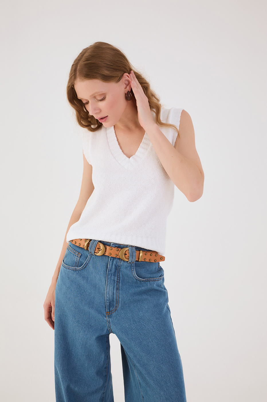 Beige Leme Double Buckle Rivet Belt