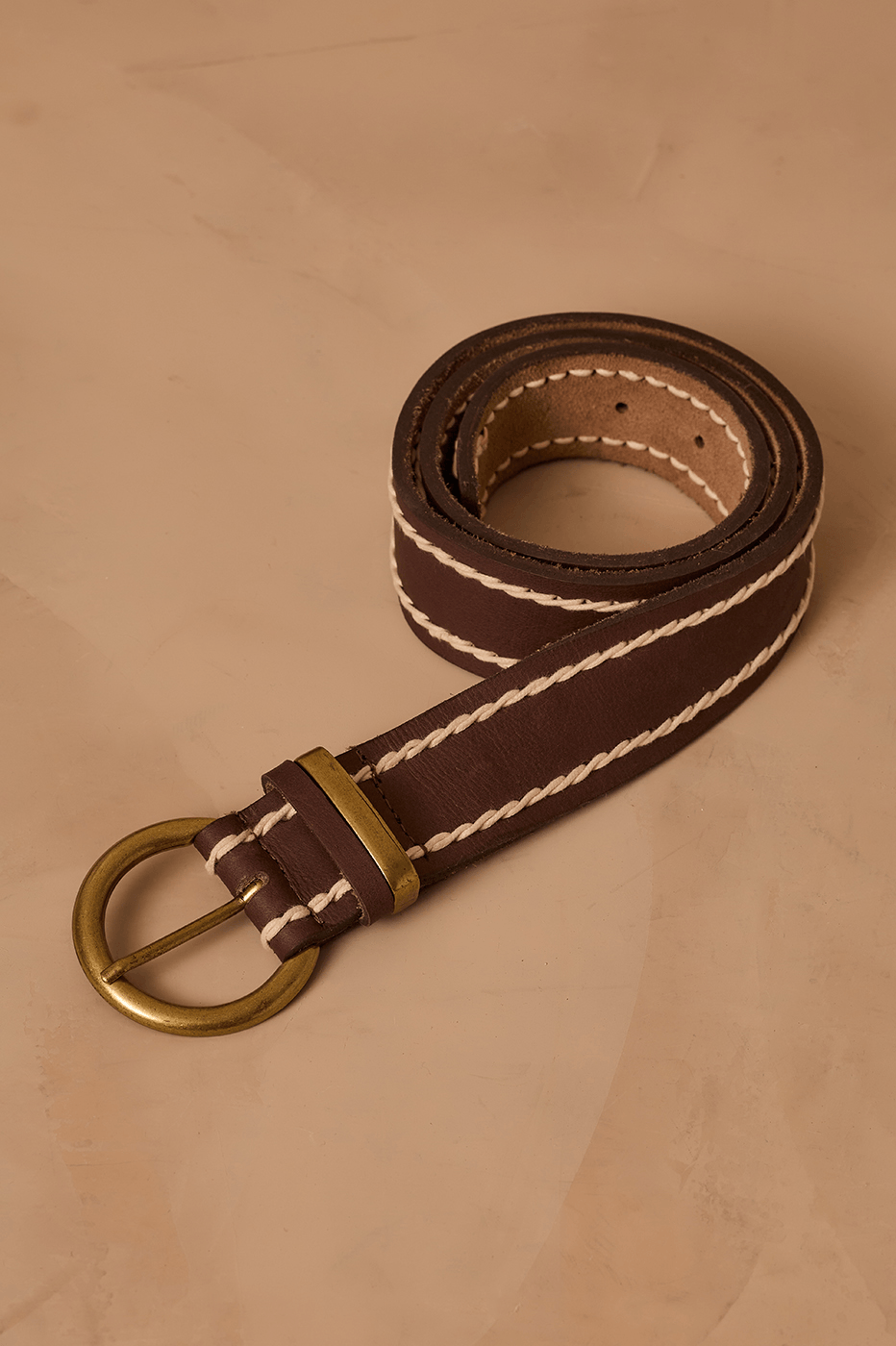 Brown Caffeine Buckled Seam Leather Belt