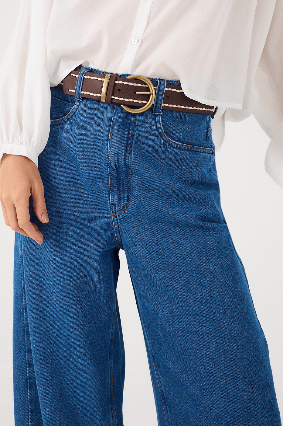 Brown Caffeine Buckled Seam Leather Belt