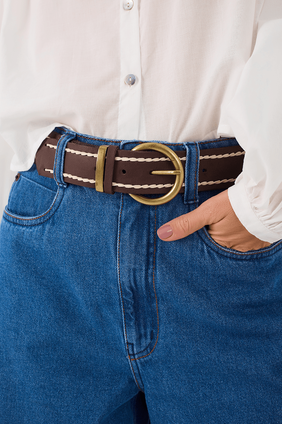 Brown Caffeine Buckled Seam Leather Belt
