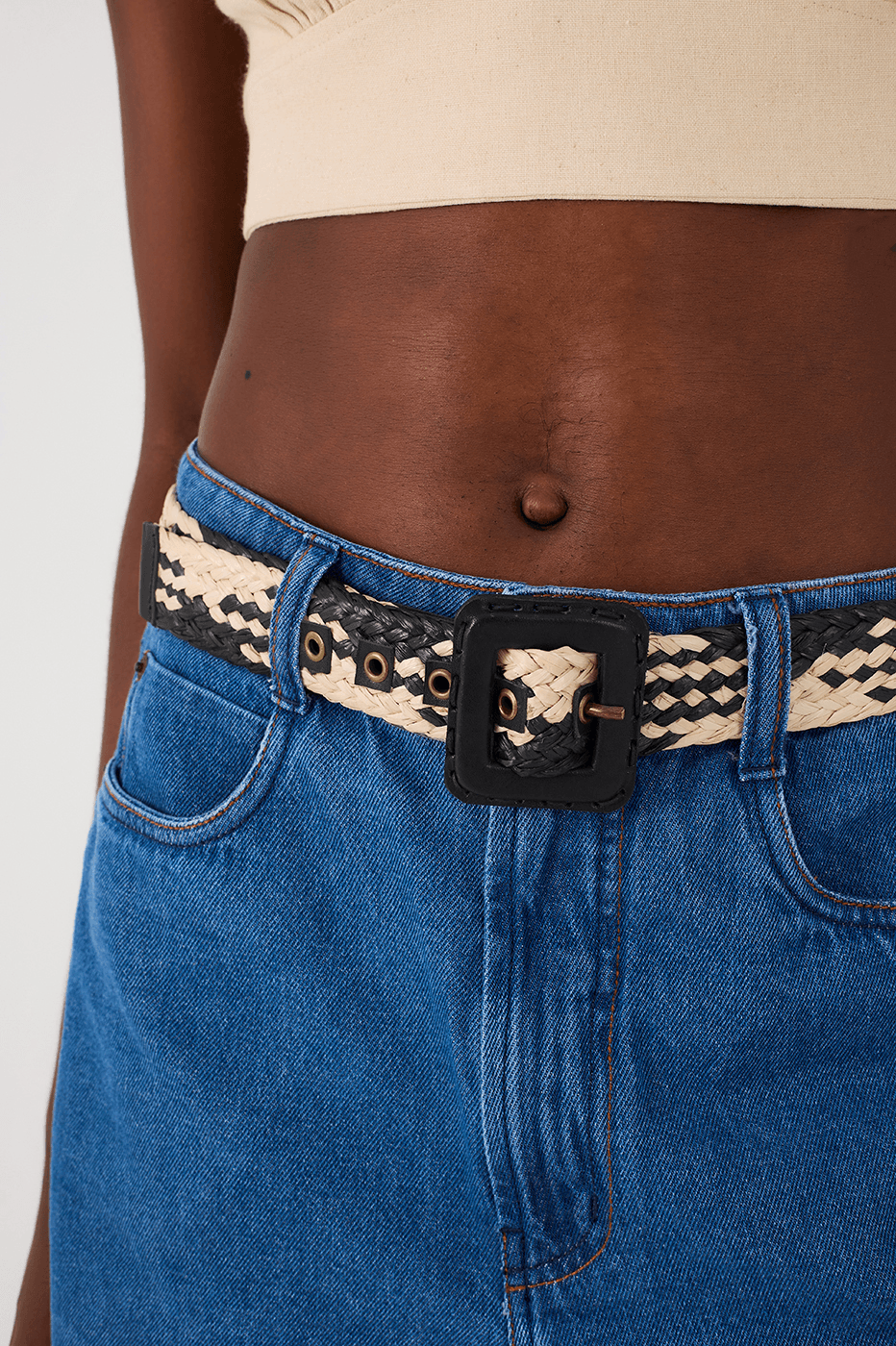 Natural And Gold Straw Buckled Belt