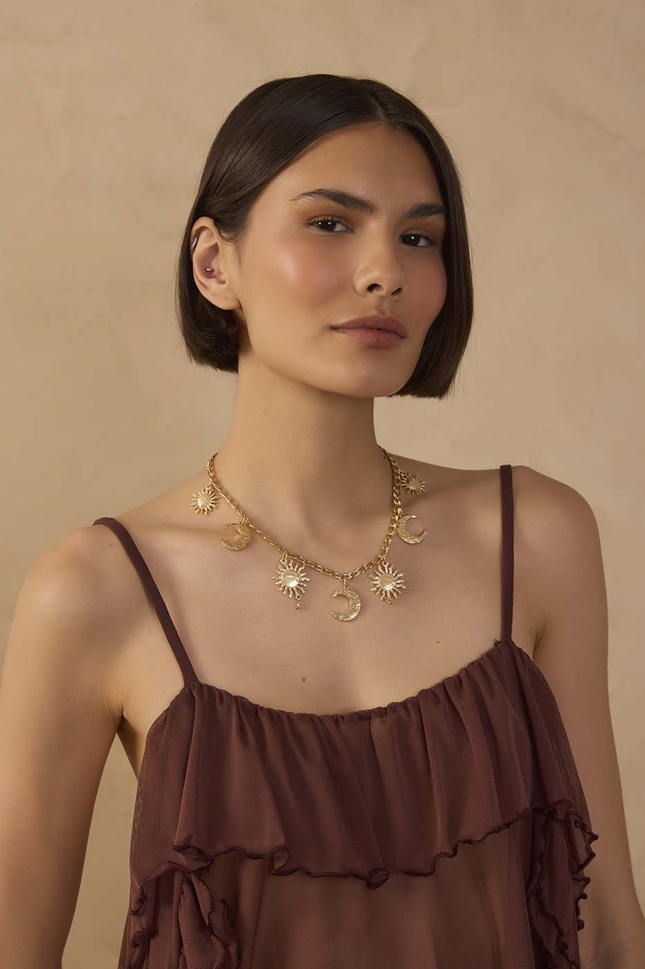 Golden Solaris and Luna Pendants Necklace_1