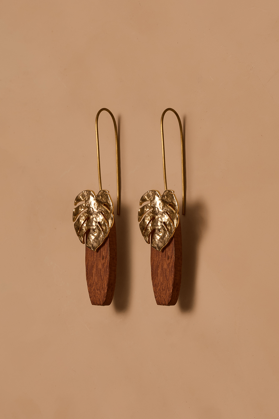 Natural And Gold Monstera Wooden French Wire Earrings