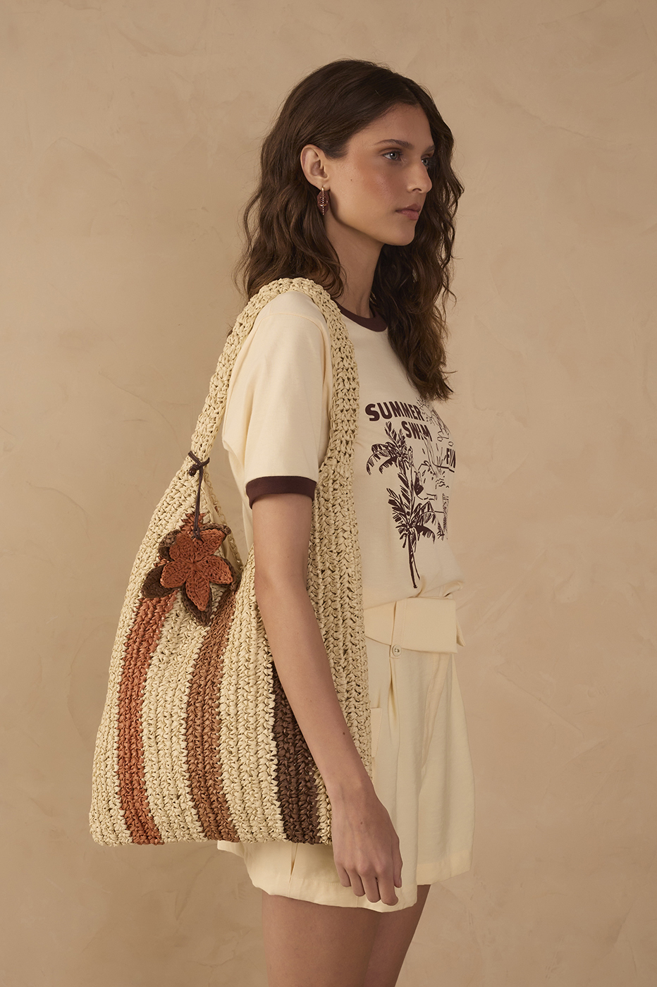 Brown Beige Stripes Boho Straw Bag