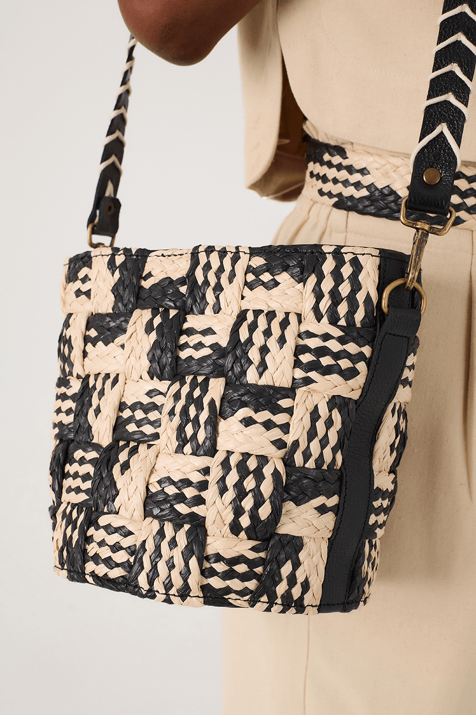 Natural And Black Straw Crossbody Bucket Bag