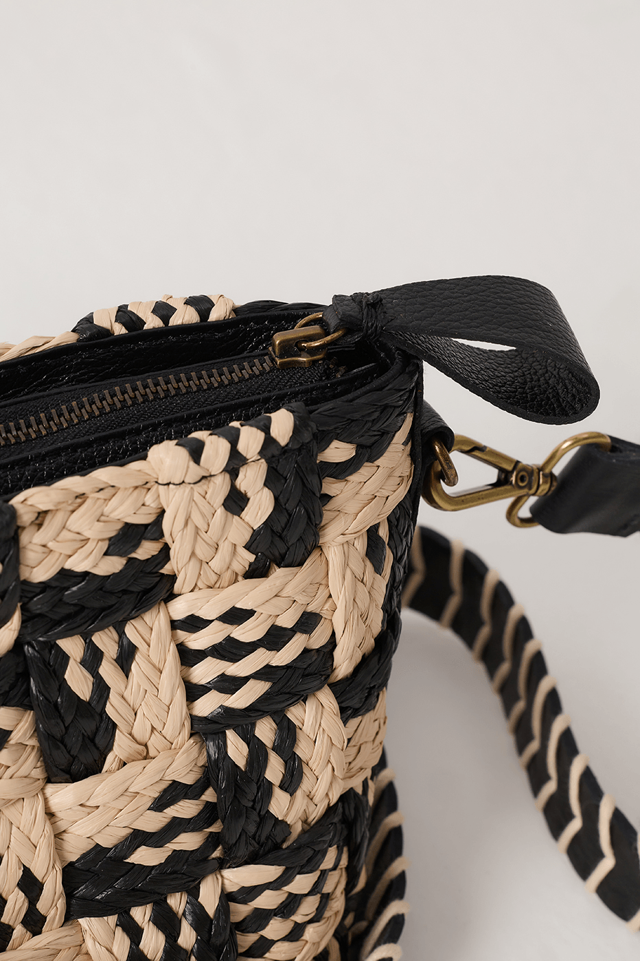 Natural And Black Straw Crossbody Bucket Bag
