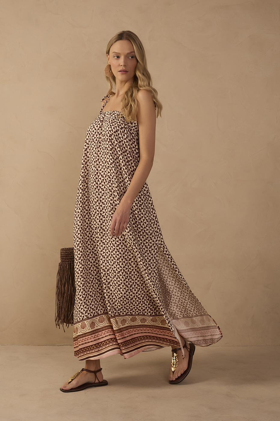 Beige Solstcio Side Slit Maxi Dress in Solstcio Print | Dress To