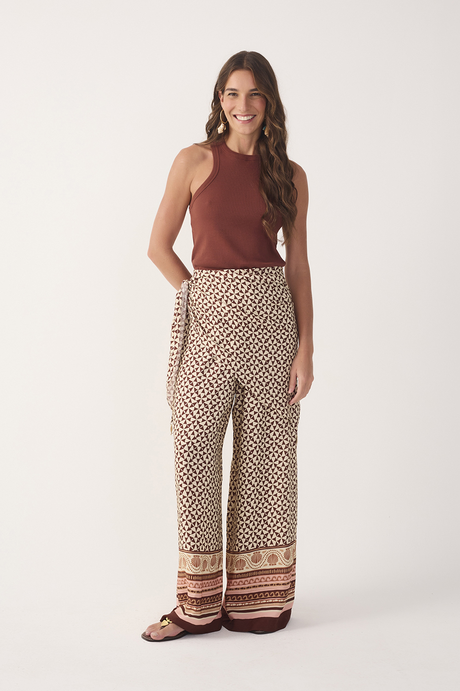 Beige Solstício Wide-Leg Pants with Scarf in Solstício Print