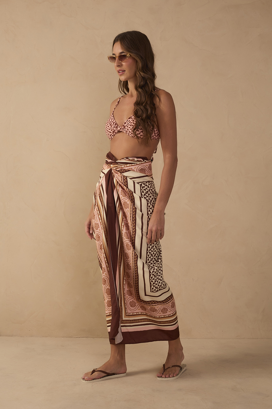 Pink Solar Front Knot Low Waist Top And Bottom Bikini Set in Solar Print