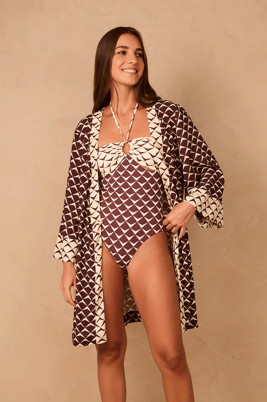 Brown Asa Delta Halter Neck Cut-Out One-Piece Swimsuit