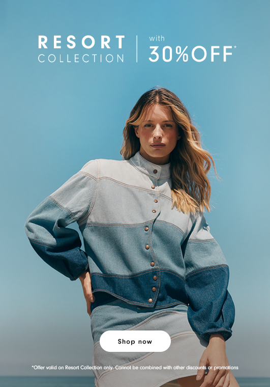 Woman wearing a color-block denim jacket in blue and beige tones, Resort Collection mobile banner with 30% off and Shop now button