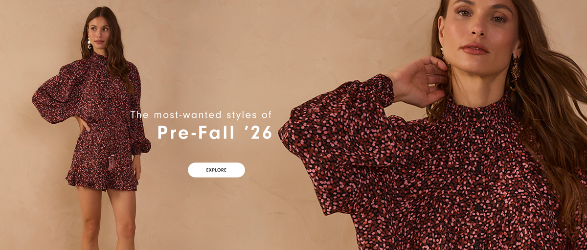 Dress To Pre-Fall '26 most-wanted styles: model in a burgundy and pink confetti-print mini dress with balloon sleeves, shown full length and in close-up against a warm beige wall.