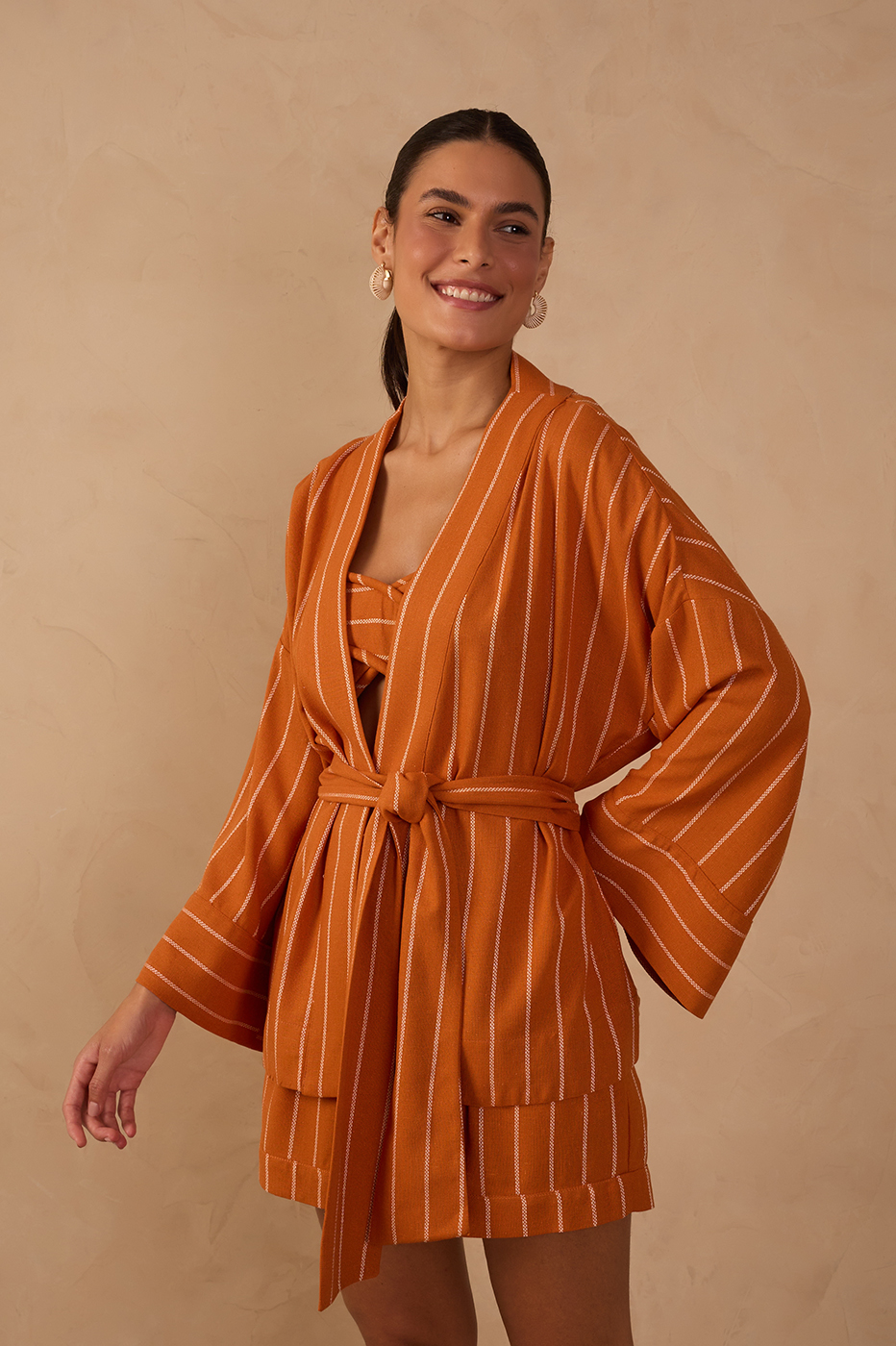 Ochre Striped Open Belted Linen Kimono - Ocre / XXS Ochre Striped Open Belted Linen Kimono - Ocre / XXS