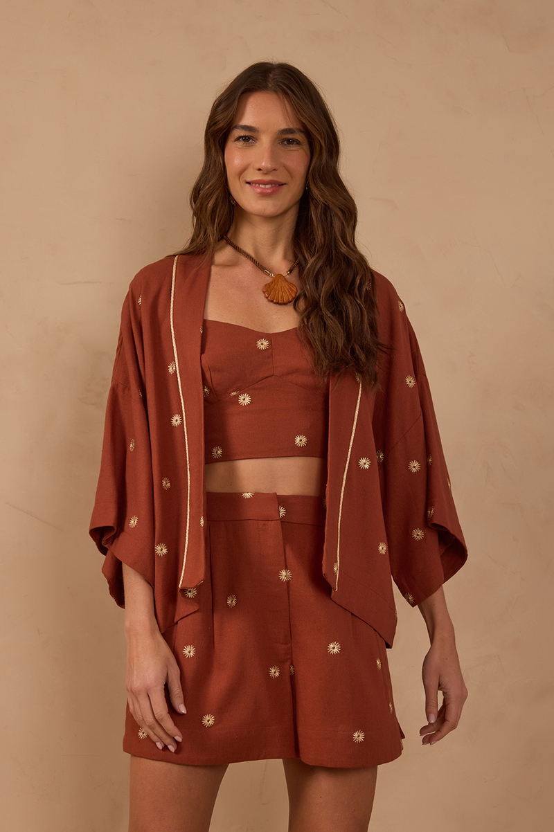 Brown Embroidered Lurex Linen Kimono_1
