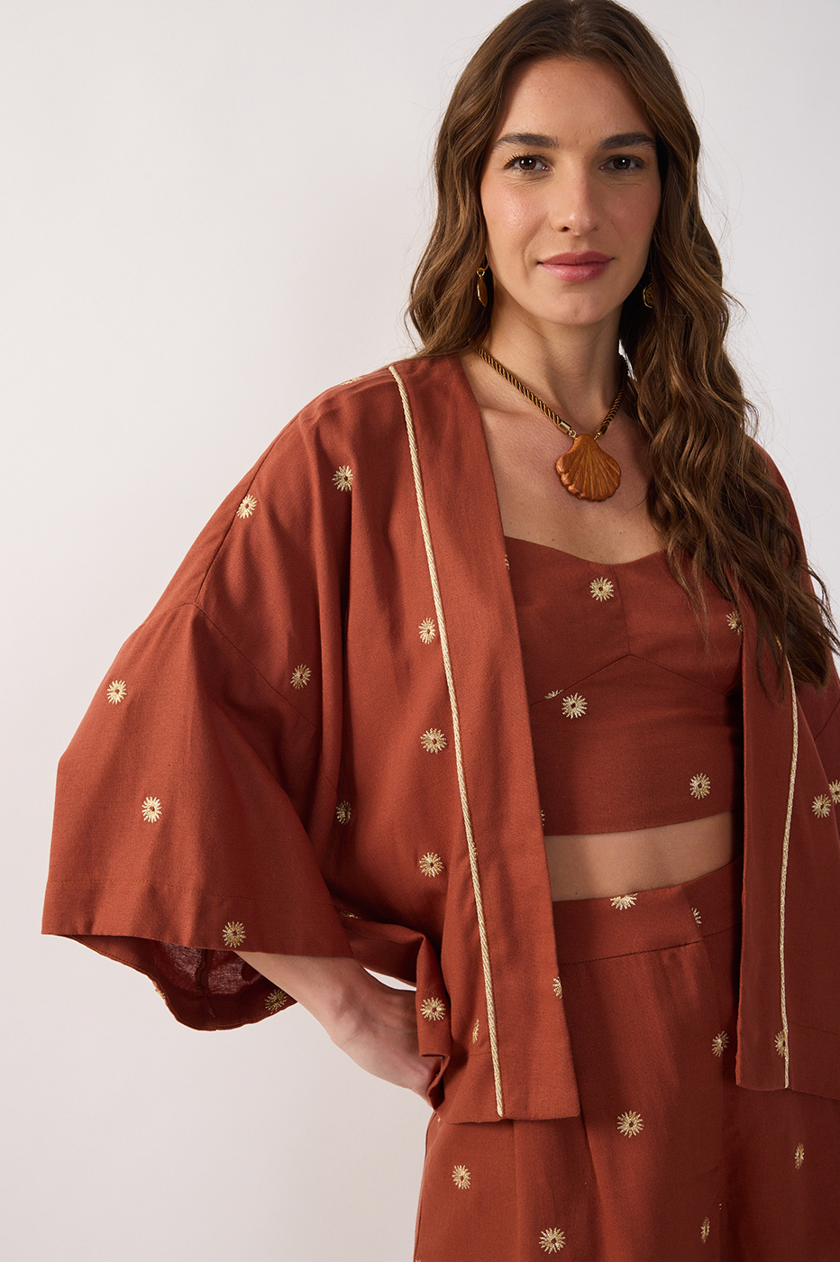 Brown Embroidered Lurex Linen Kimono_4