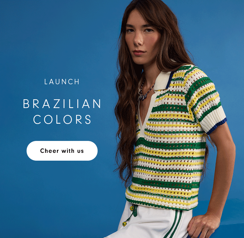 Animated banner showing a woman modeling Brazilian Colors collection outfits in green, yellow, and white knitwear against a blue background, with text "Launch Brazilian Colors" and a "Cheer with us" button.