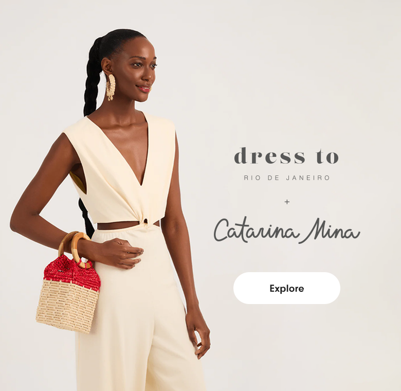 Dress To x Catarina Mina secondary mobile banner featuring a woman in a cream jumpsuit holding a red and beige woven handbag