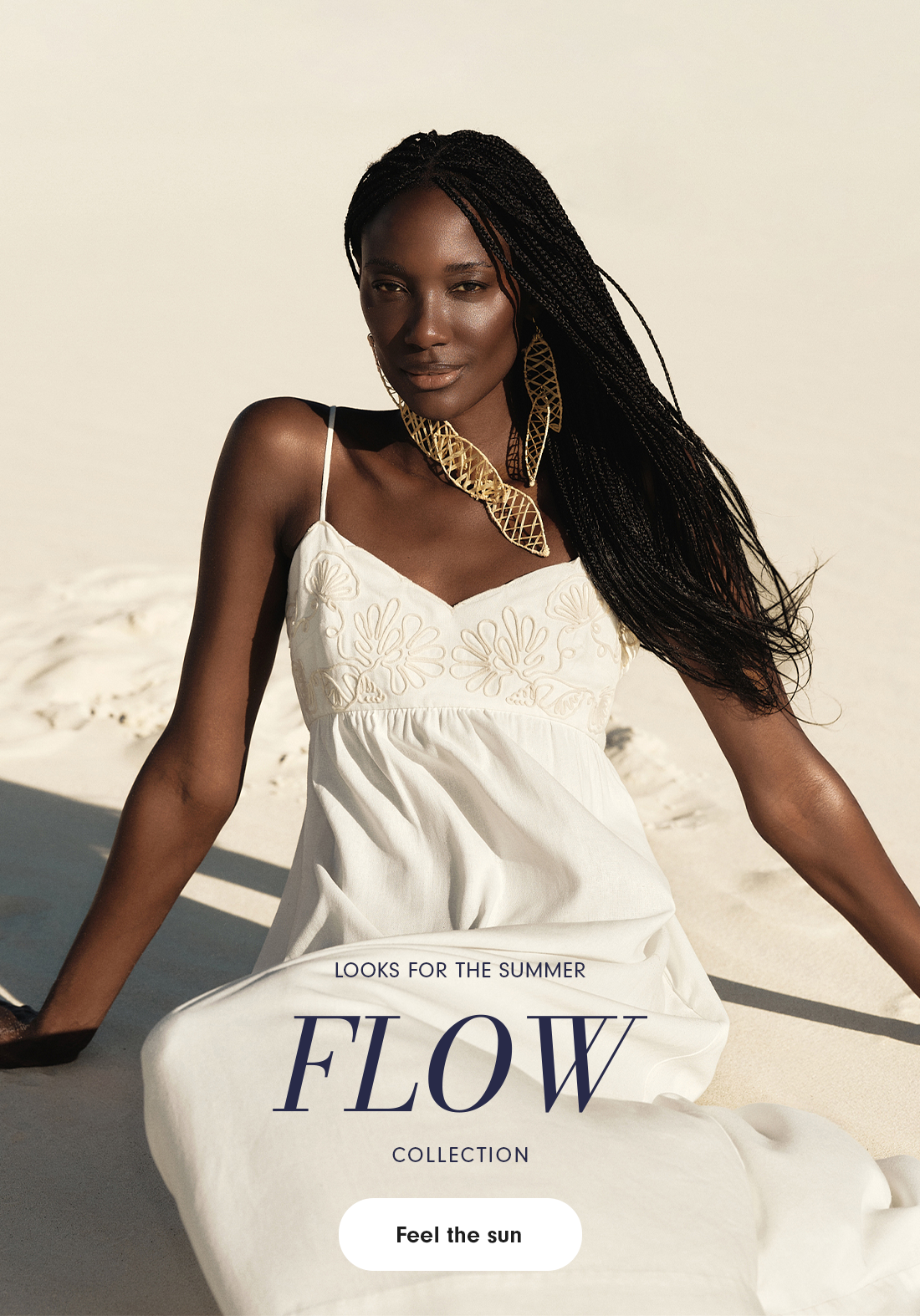 Dress To Rio de Janeiro – Flow Collection mobile banner featuring a model in a white lace summer dress with text Looks for the Summer, Feel the sun