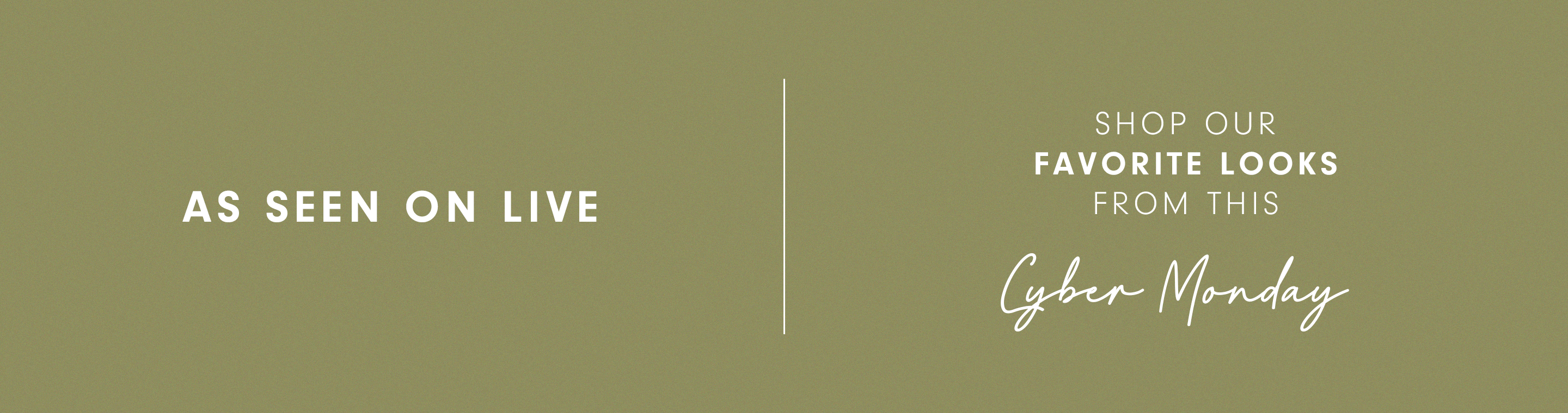Dress To Cyber Monday "As Seen On Live - Shop our favorite looks" desktop wide banner on olive green background