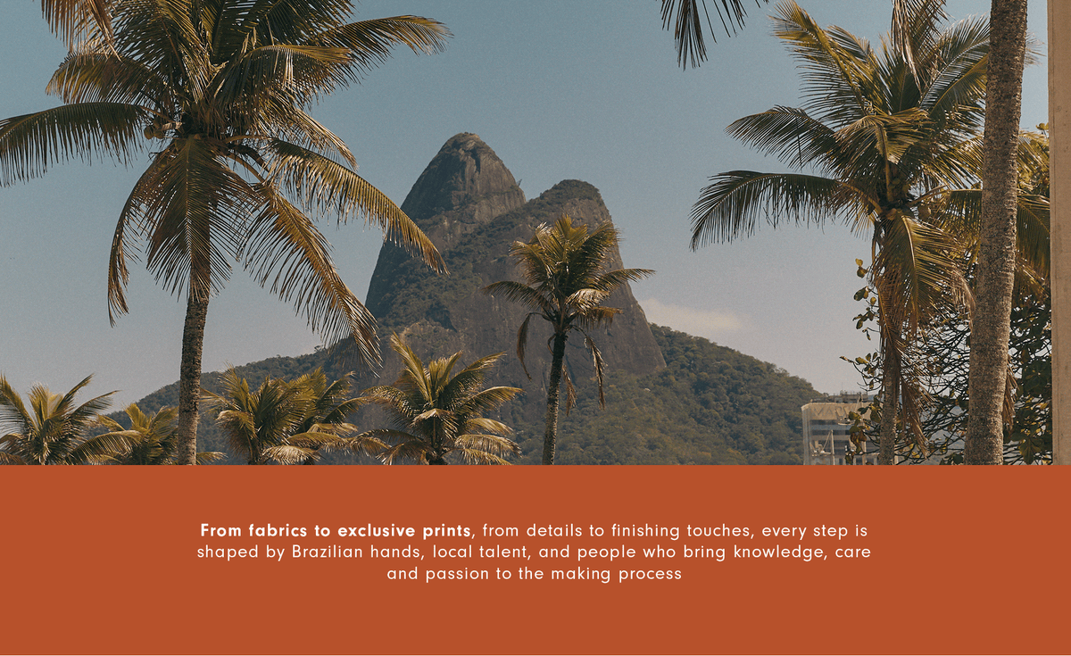 Palm trees and Dois Irmãos mountain in Rio with text: from fabrics to exclusive prints, shaped by Brazilian hands