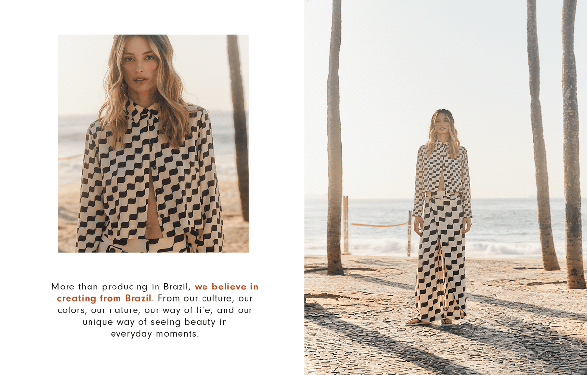 Woman in a black and white checkered shirt and wide-leg pants set on a palm-lined beach in Brazil