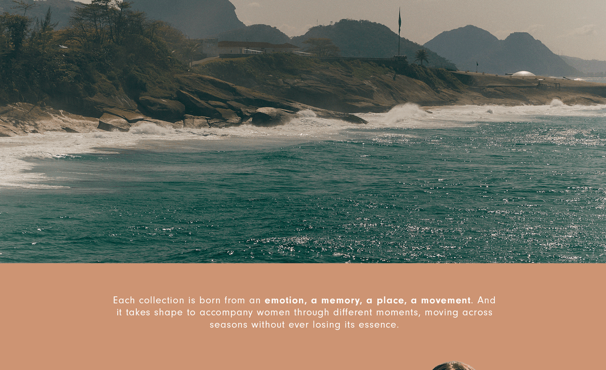 Rio de Janeiro rocky coastline with waves and text about collections born from an emotion, a memory, a place