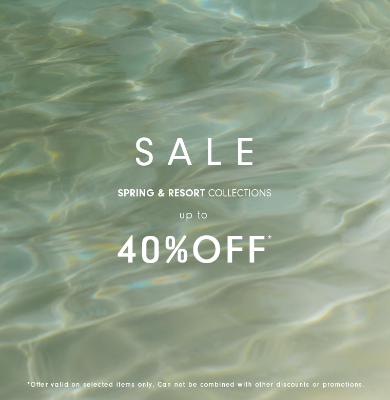 Promotional sale banner with a rippling water background and text reading SALE Spring & Resort collections up to 40% OFF