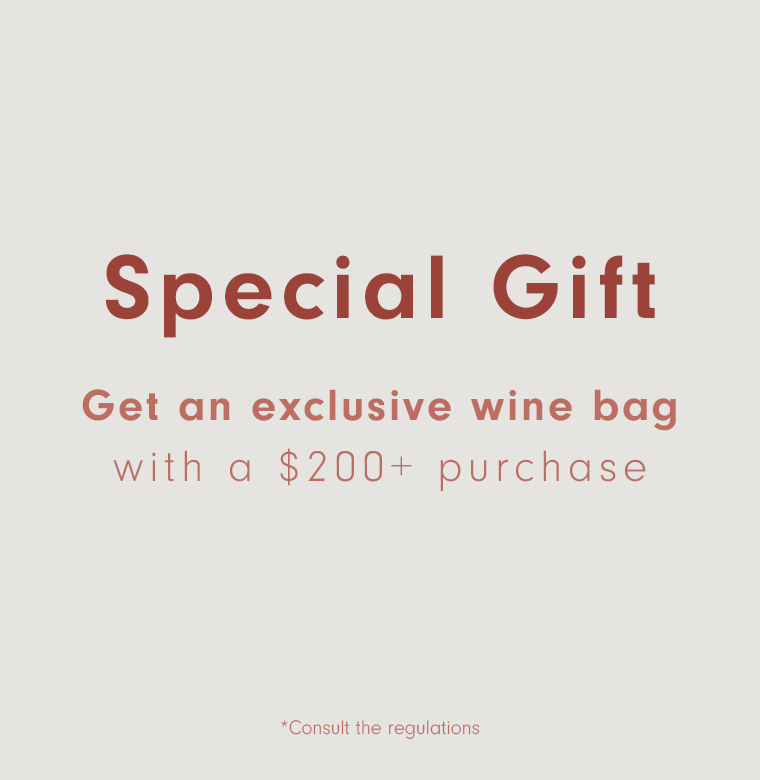Promotional banner on a light beige background with terracotta text: "Special Gift - Get an exclusive wine bag with a $200+ purchase. *Consult the regulations"